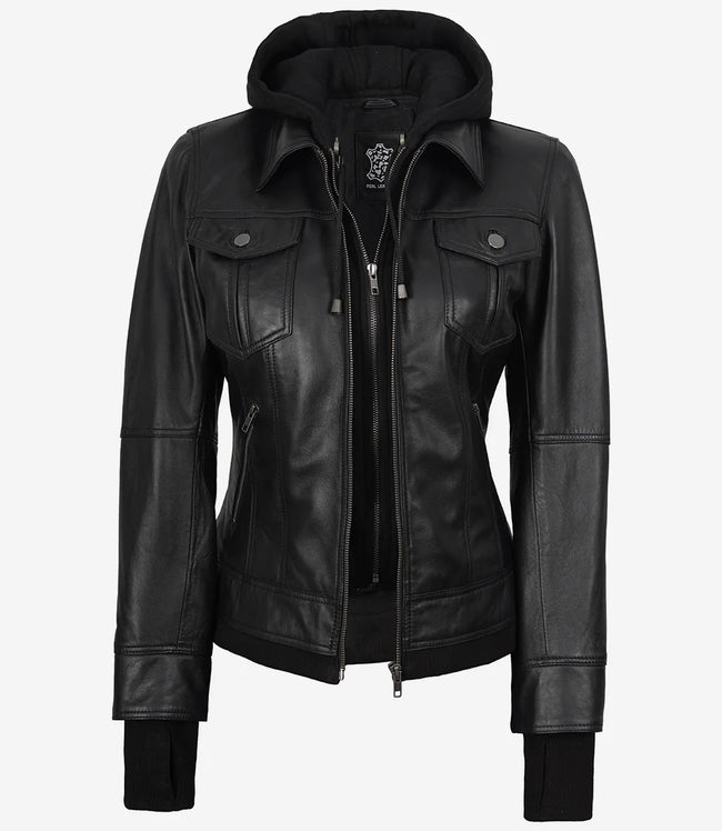 The Celeste: Schwarze Bomber-Lederjacke für Damen mit abnehmbarer Kapuze