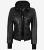 The Celeste: Schwarze Bomber-Lederjacke für Damen mit abnehmbarer Kapuze