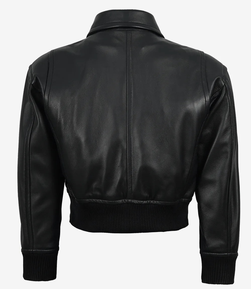 Women's Black Leather Bomber Jacket - Cropped Drop Shoulder Style