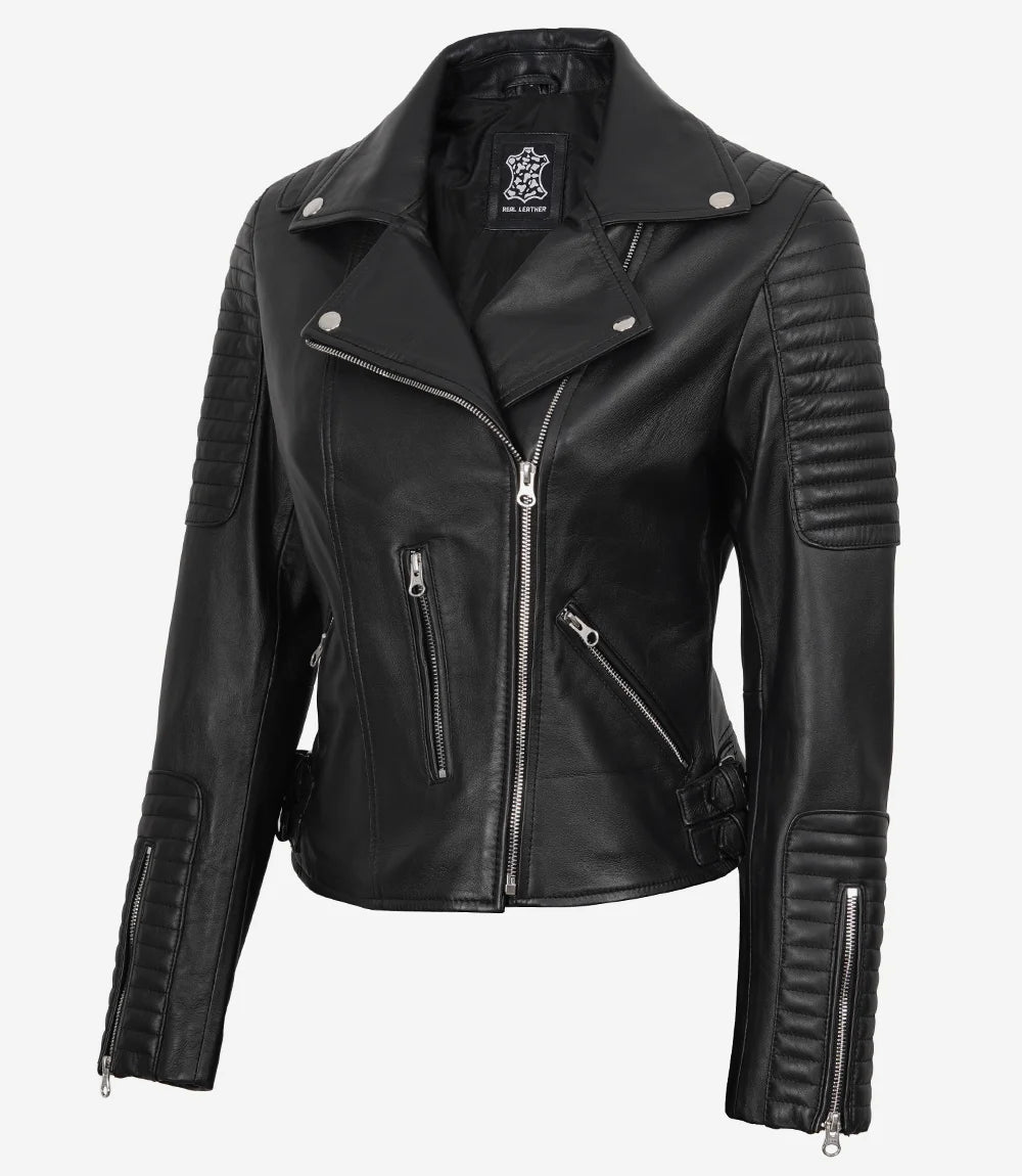 Feinste schwarze Lederjacke im Biker-Stil für Damen