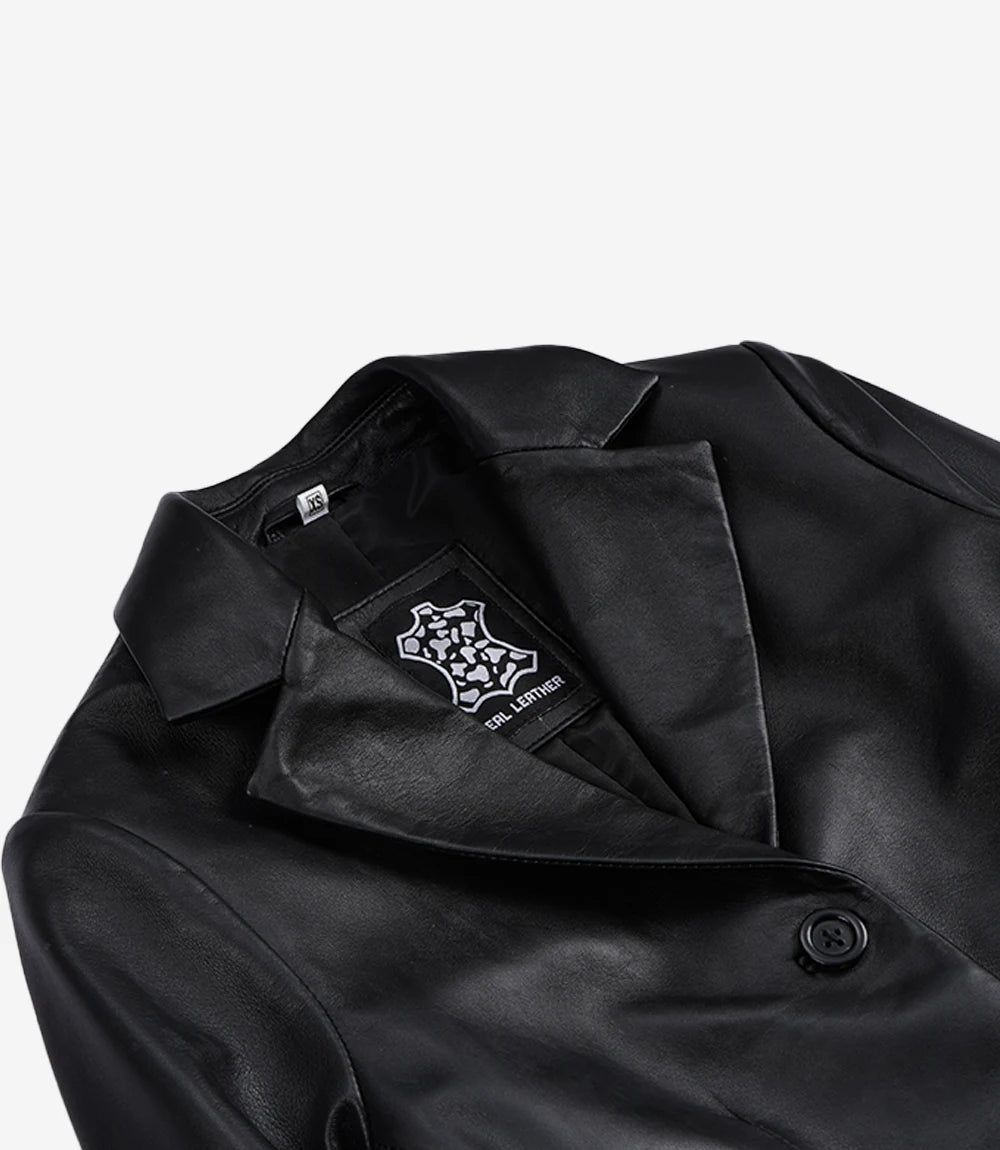 Women's Premium Black Leather 2-Button Cropped Blazer