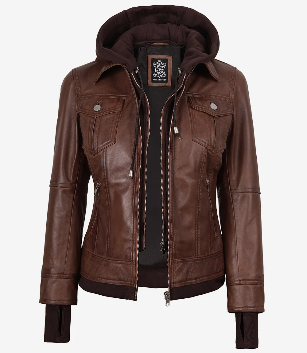 Tralee Damen Cognac Wachs-Bomberlederjacke mit abnehmbarer Kapuze