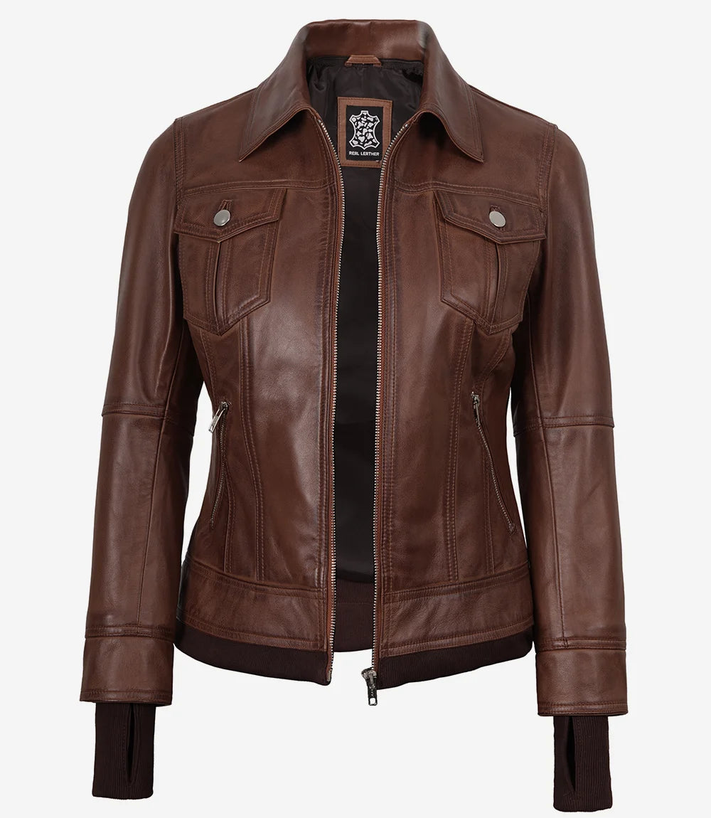 Tralee Damen Cognac Wachs-Bomberlederjacke mit abnehmbarer Kapuze