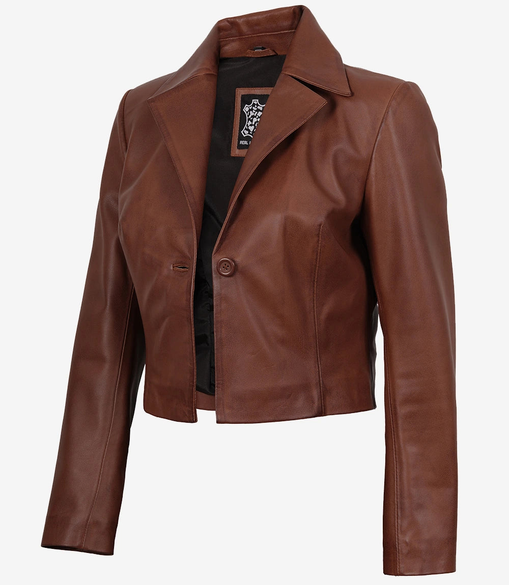 Womens Single Button Cognac Cropped Leather Jacket