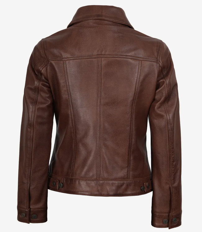 Cognacbraune Trucker-Lederjacke für Damen