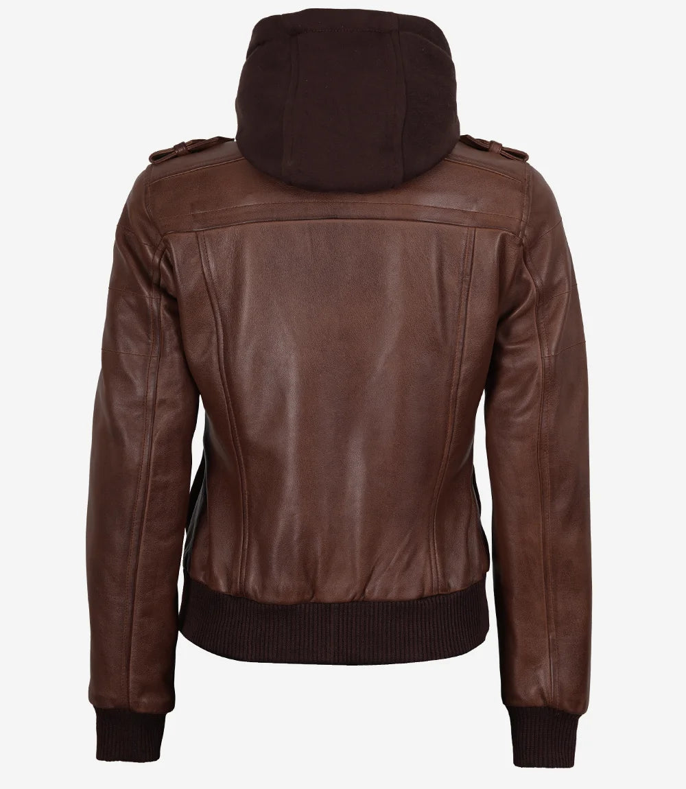 Cognacfarbene Bomberjacke aus Leder für Damen mit abnehmbarer Kapuze