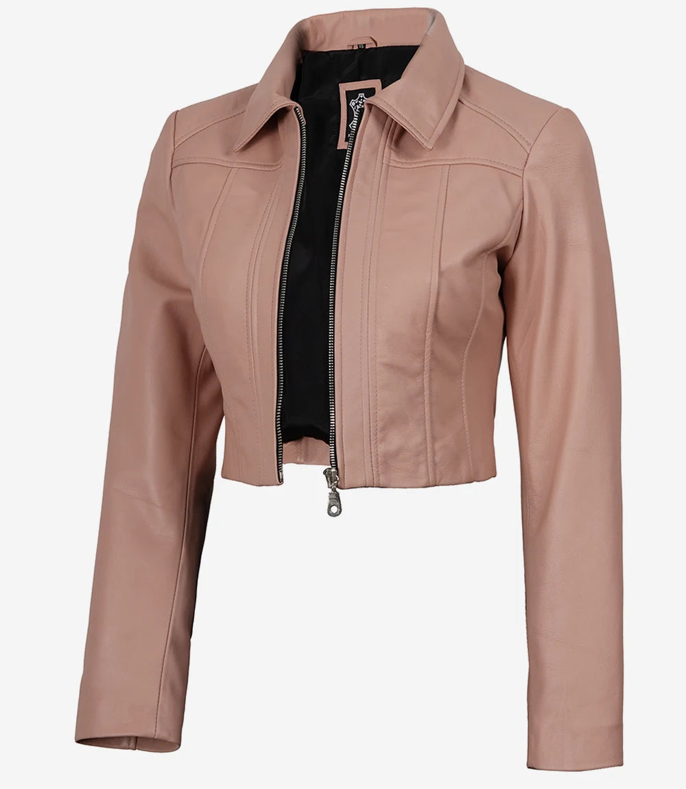 Marsha Women's Cropped Pink Leather Jacket with Shirt Collar