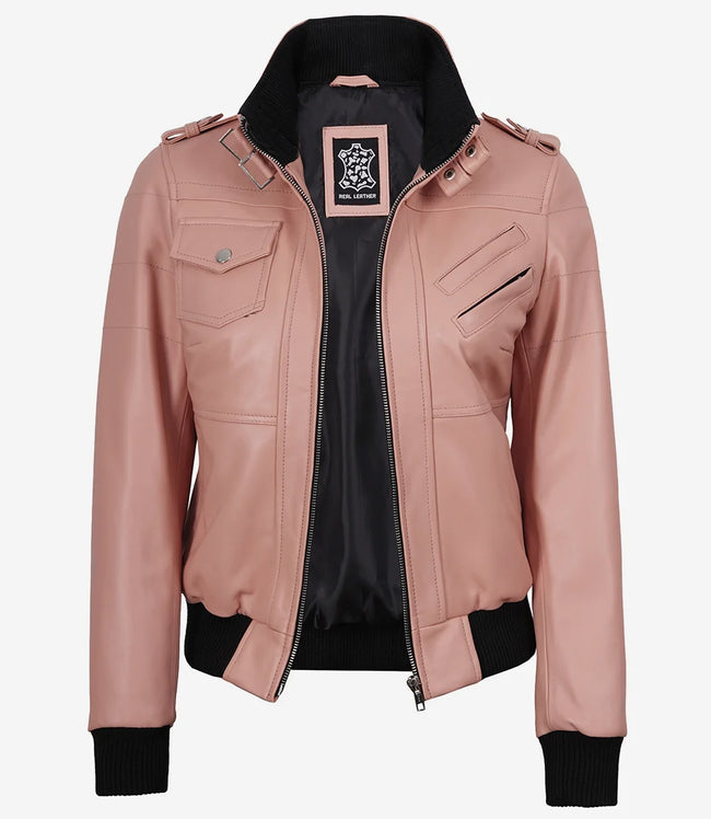 Rosa Bomberjacke aus Leder mit Kapuze für Damen