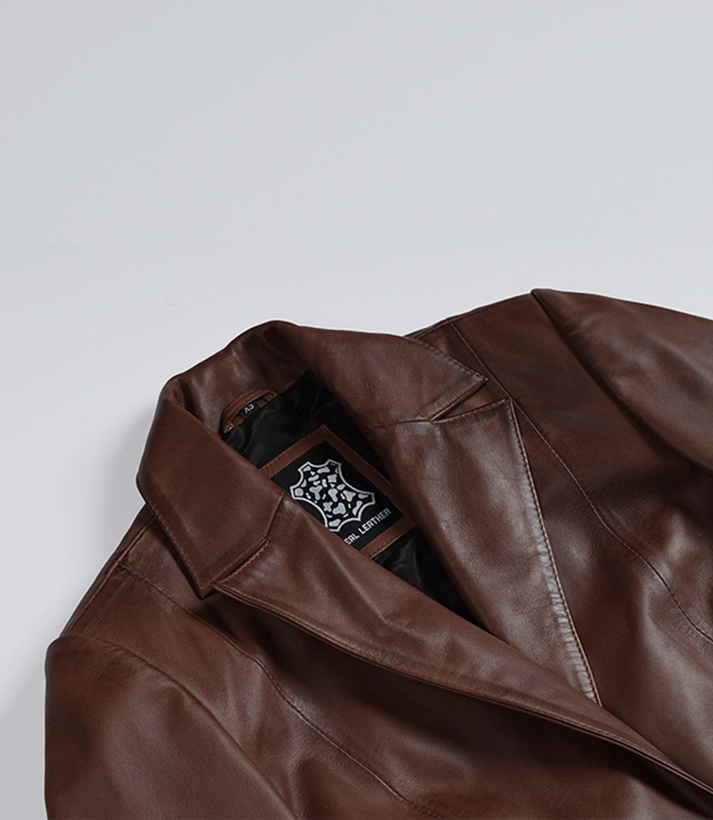 Women’s Brown Cognac Waxed Lambskin Leather Blazer – Single Button