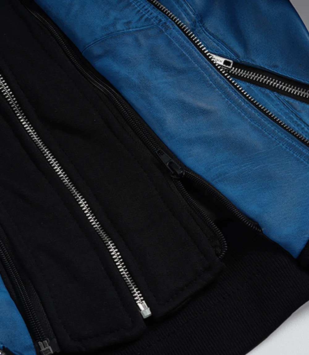 Women’s Blue Waxed Real Leather Jacket with Removable Hood