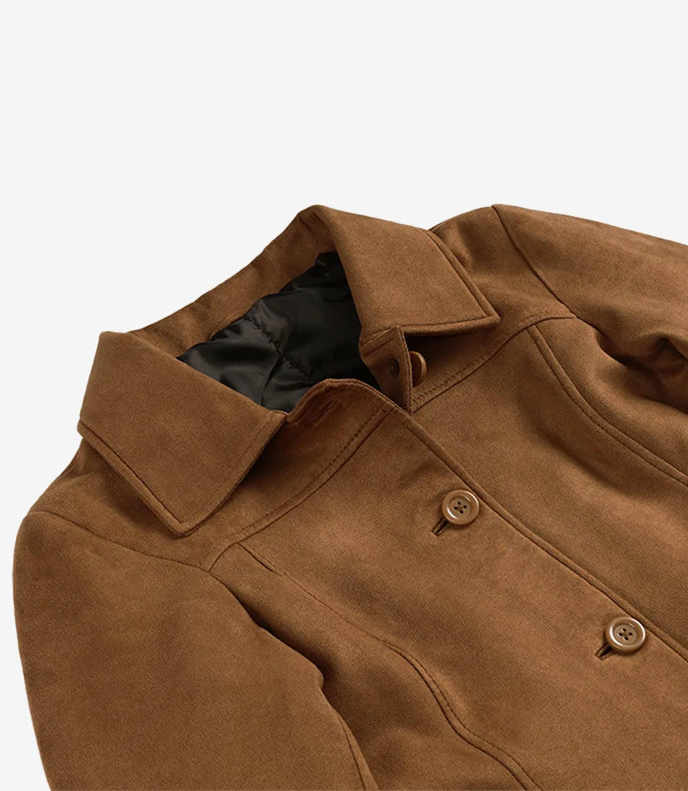 Women's 3/4 Length Button Down Light Brown Faux Suede Coat