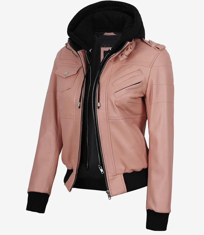 Rosa Bomberjacke aus Leder mit Kapuze für Damen