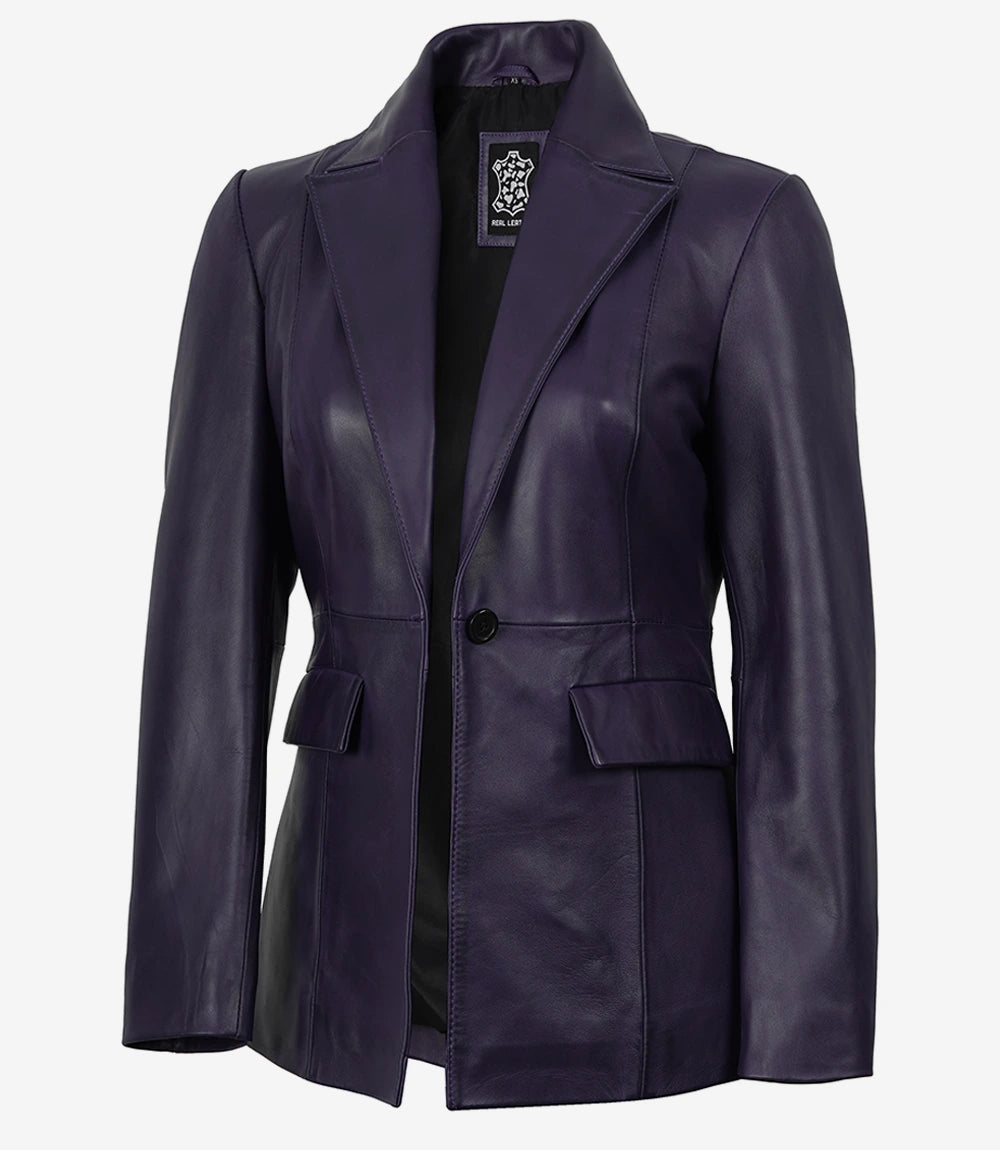 Womens Single Button Purple Waxed Leather Blazer