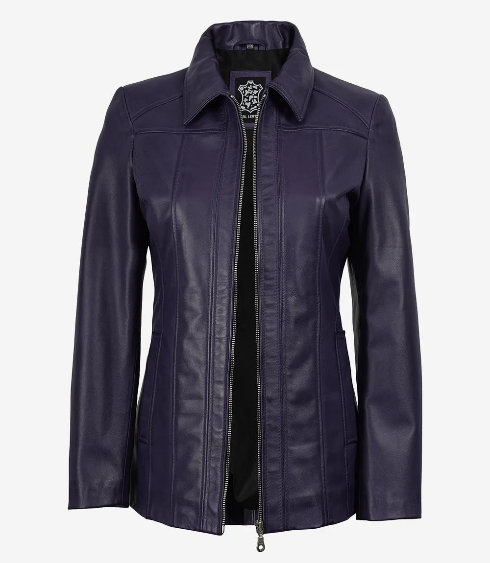 Marsha Women’s Real Leather Coat – Purple Shirt-Collar Style