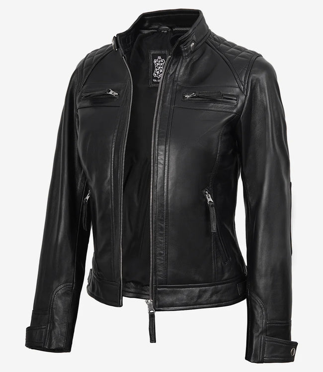 Schwarze Lederjacke im Biker-Stil für Damen – gesteppte Schultern