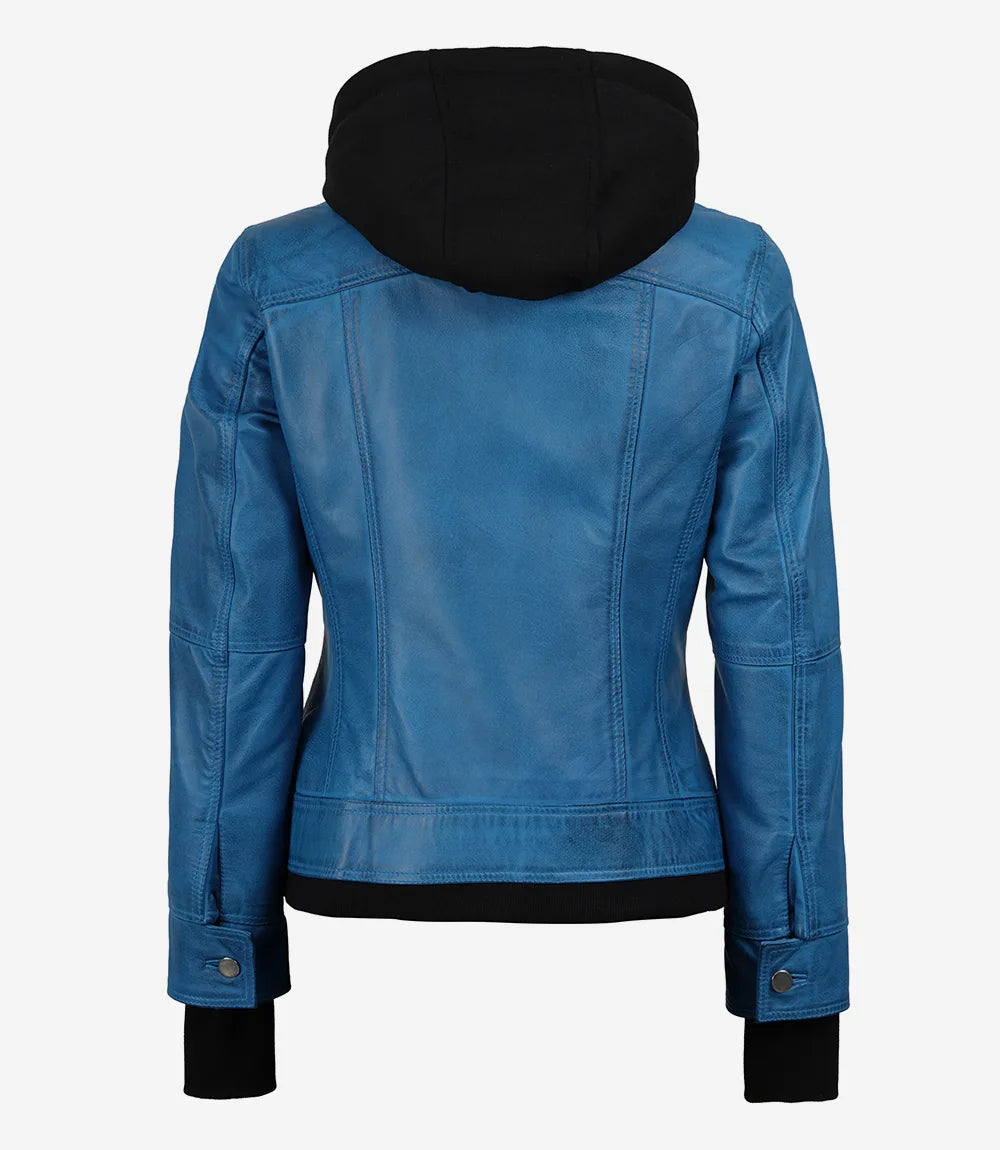 Women’s Blue Waxed Real Leather Jacket with Removable Hood