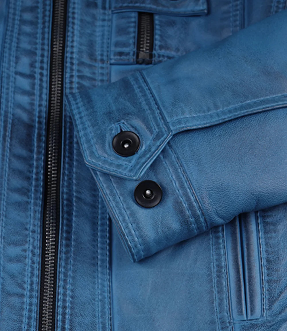 Blaue Damenjacke im Biker-Stil aus gewachstem Lammleder
