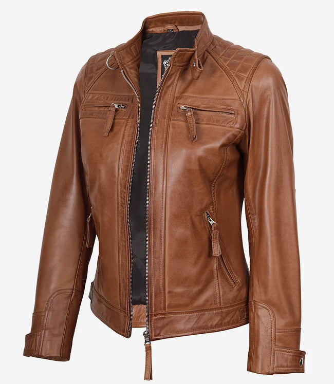 Damenjacke aus echtem Lammleder in Hellbraun, gesteppt, im Biker-Stil