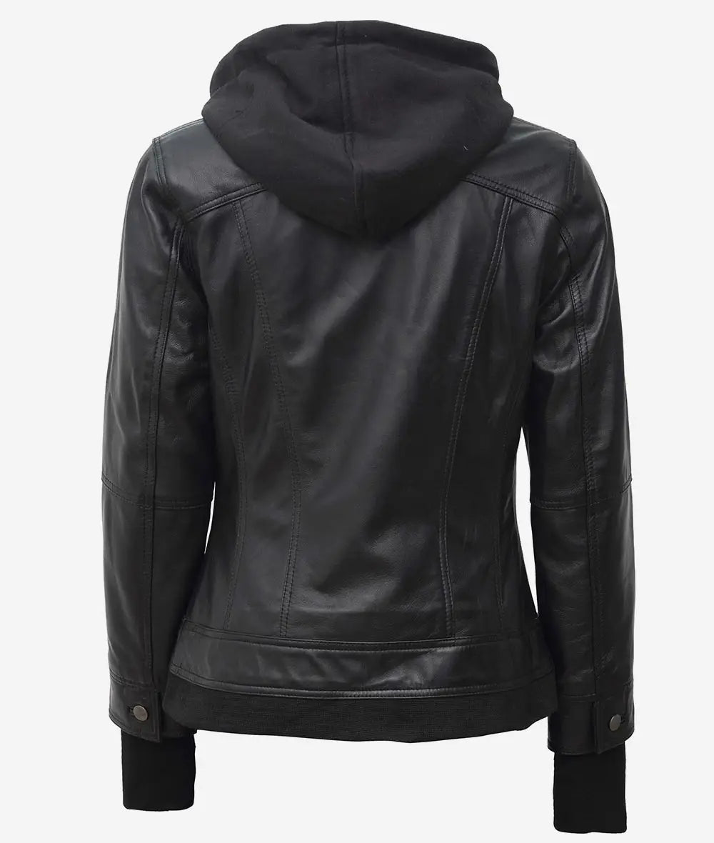 The Celeste: Schwarze Bomber-Lederjacke für Damen mit abnehmbarer Kapuze