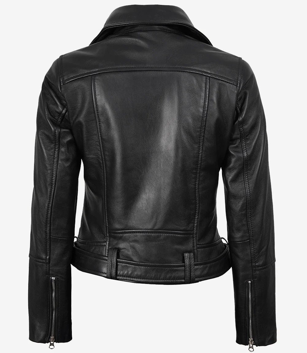 Asymmetrische schwarze Damen-Lederjacke im Biker-Stil mit Gürtel