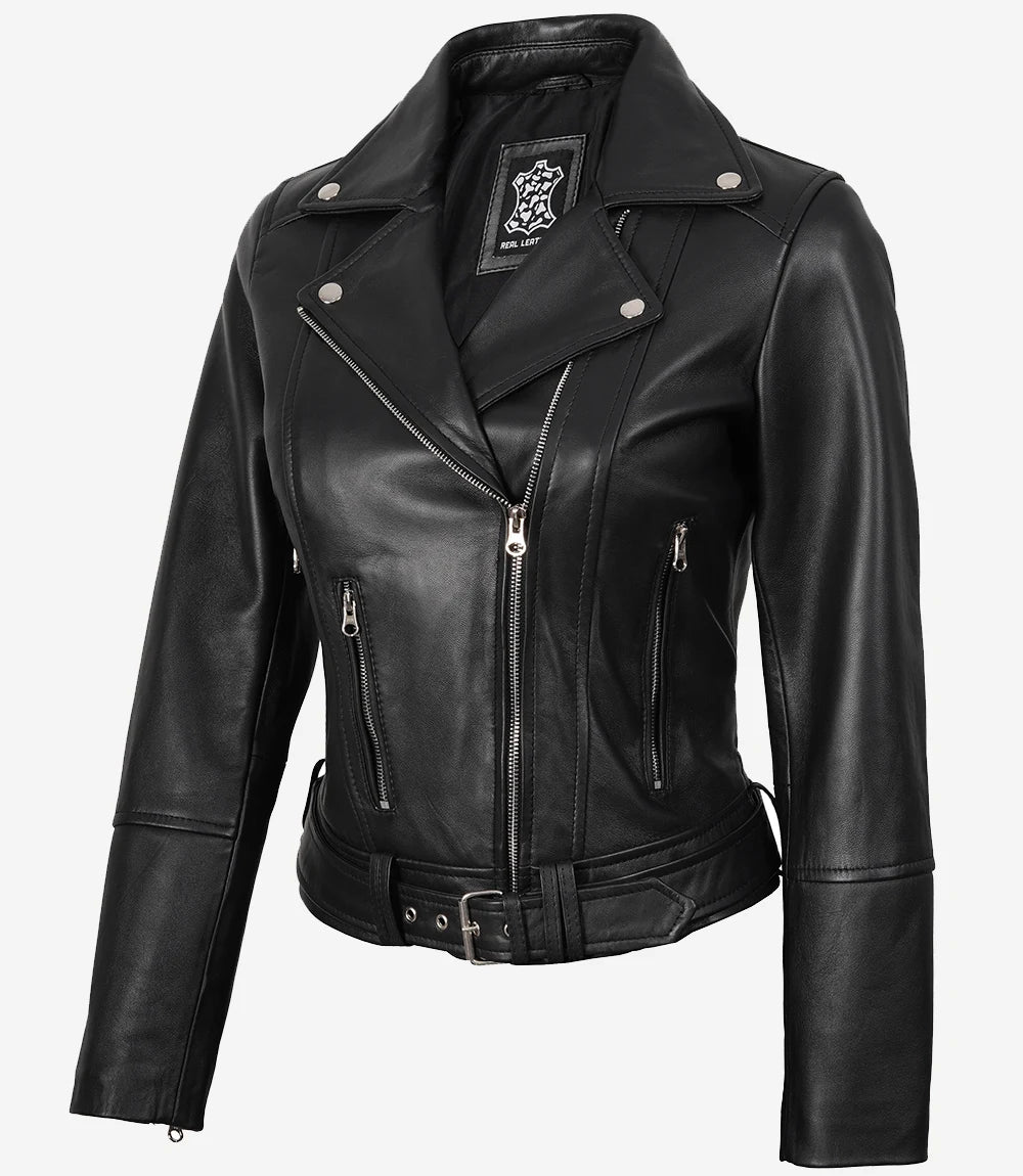 Asymmetrische schwarze Damen-Lederjacke im Biker-Stil mit Gürtel