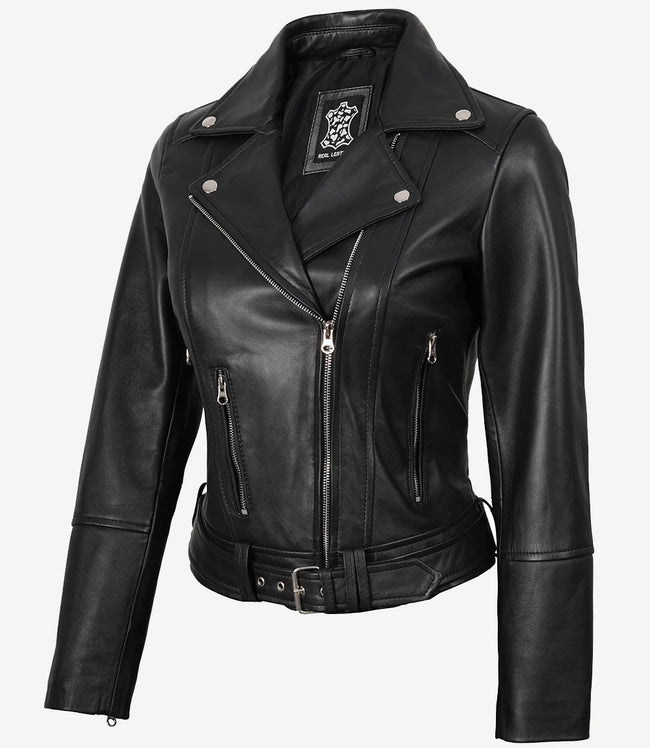 Asymmetrische schwarze Damen-Lederjacke im Biker-Stil mit Gürtel