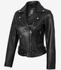 Asymmetrische schwarze Damen-Lederjacke im Biker-Stil mit Gürtel