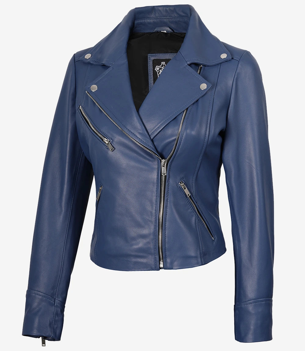 Damenjacke aus echtem Lammleder im blauen Biker-Stil