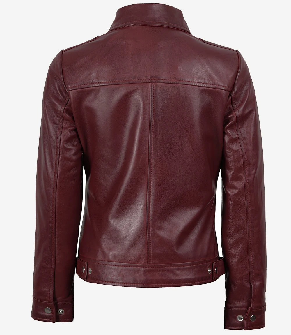 Kastanienbraune Lederjacke mit Hemdkragen für Damen