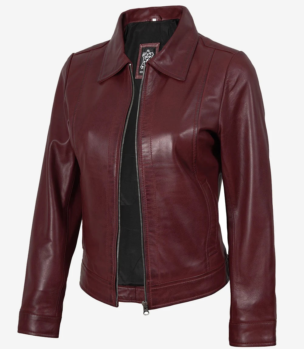 Kastanienbraune Lederjacke mit Hemdkragen für Damen