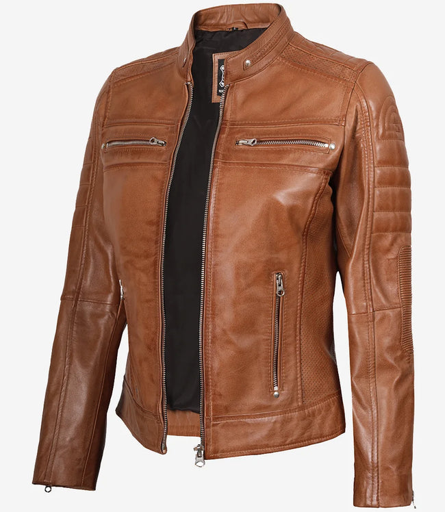 Hellbraune Lederjacke im Biker-Stil für Damen
