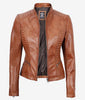 Womens Petite Biker Fitted Tan Leather Jacket