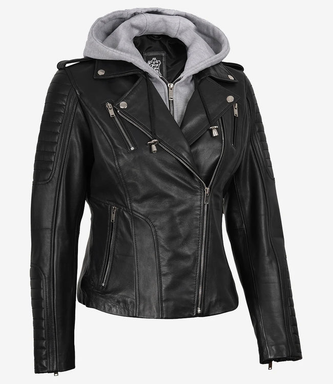 Schwarze Lederjacke im Biker-Stil für Damen mit Kapuze