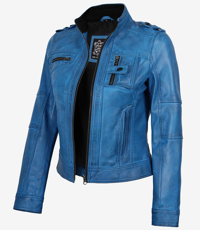 Blaue Damenjacke im Biker-Stil aus gewachstem Lammleder