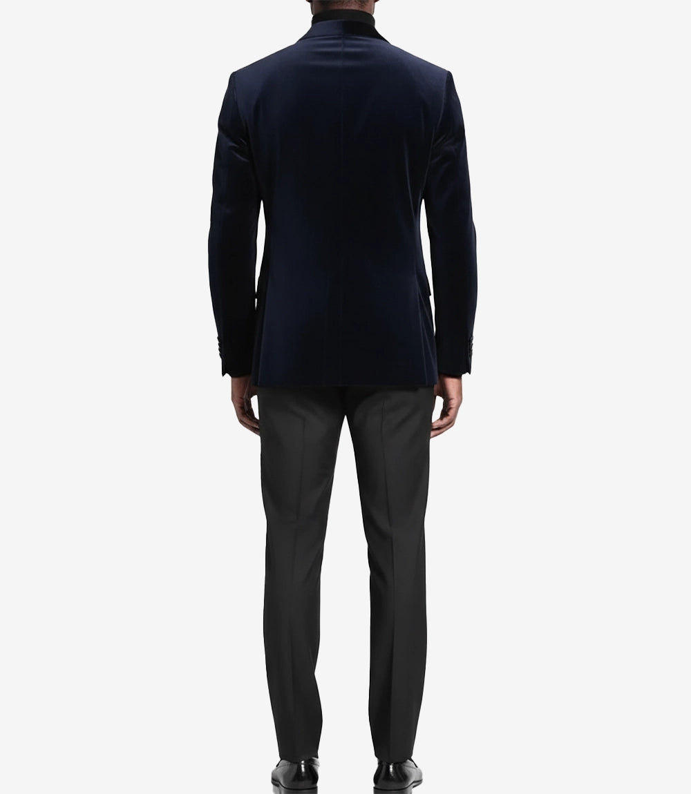 Dunkelblauer Herren-Smoking aus Samt mit 2 Knöpfen und Schalkragen