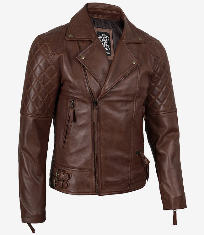 Asymmetrische Cognac-Lederjacke im Biker-Stil für Herren