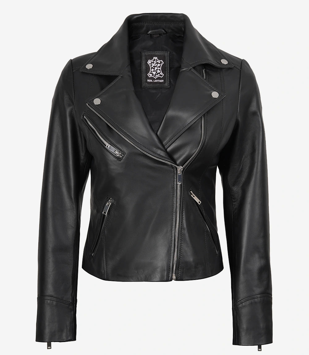 Rita Damen Asymmetrische schwarze Lederjacke im Biker-Stil