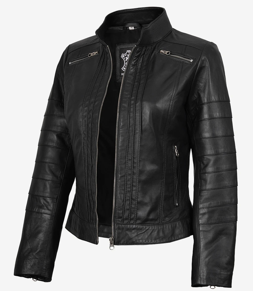Bergamo Damen Schwarze Lederjacke im Bikerstil