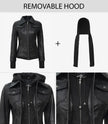 The Celeste: Womens Black Bomber Leather Jacket with Removable Hood