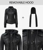 The Celeste: Womens Black Bomber Leather Jacket with Removable Hood