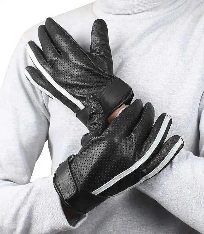 Mens White Stripe Perforated Black Leather Gloves