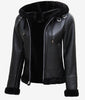 Womens Black Leather Aviator Jacket With Hood