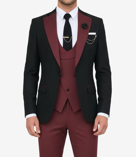 Men's Slim Fit 3-Piece Black & Burgundy Tuxedo