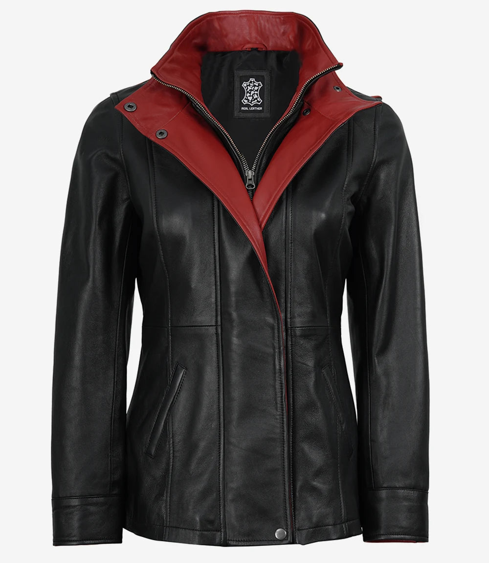 Erin Women's High-Collar Black Leather Jacket With Red Details