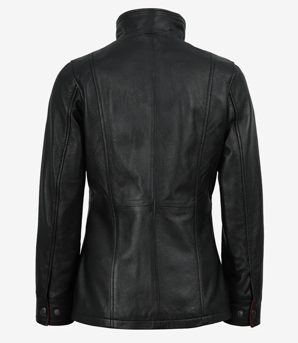 Erin Women's High-Collar Black Leather Jacket With Red Details