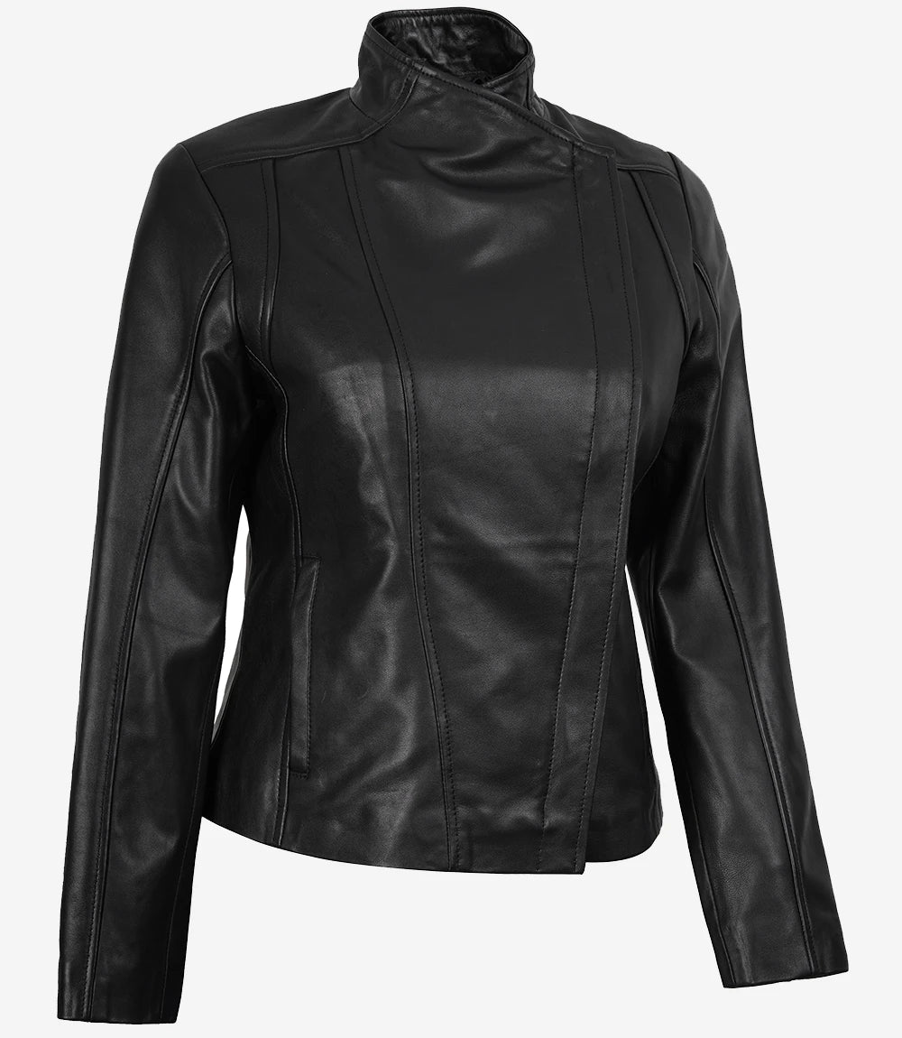 Arezoo Women's Black Real Leather Jacket with Asymmetrical Zip Closure