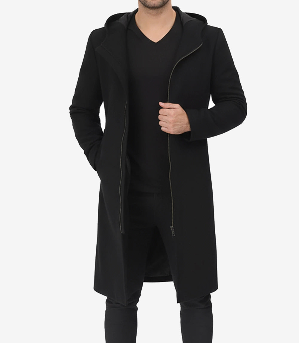 Men's Black Hooded Wool Coat | Zip-Up Winter Warmth