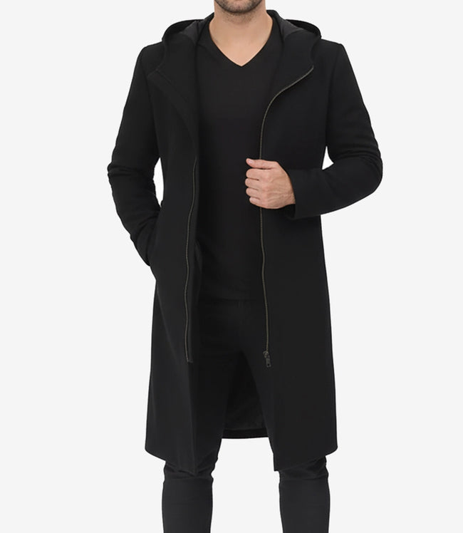 Men's Black Hooded Wool Coat | Zip-Up Winter Warmth