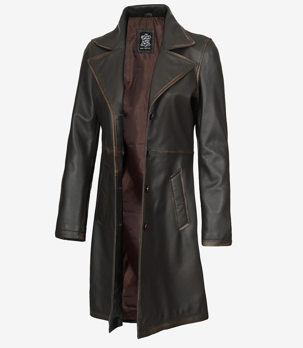 Brauner 3/4-Ledermantel im Used-Look für Damen