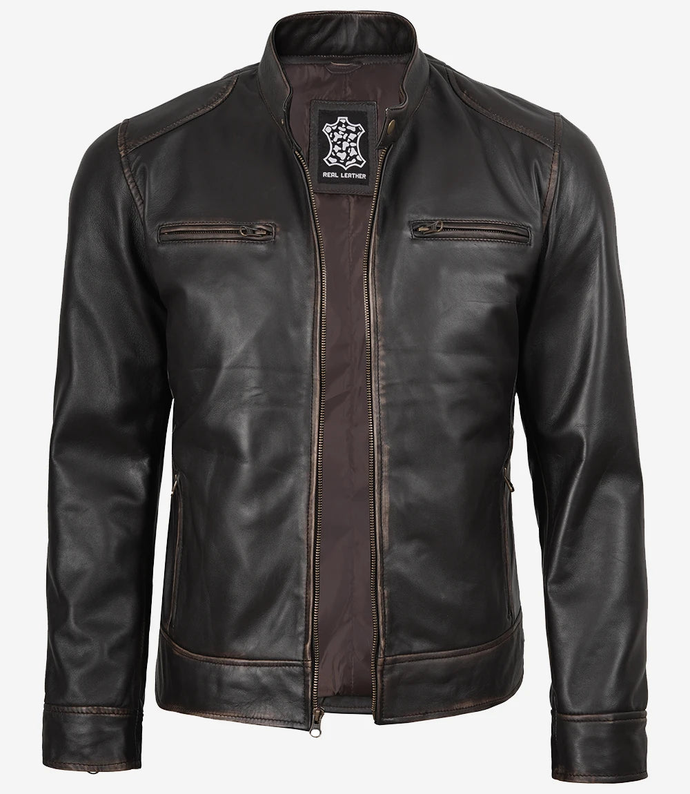 Braune Lederjacke im Used-Look für Herren im Biker-Stil